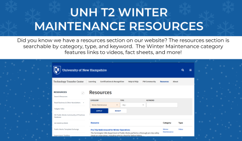 image with text and a screenshot of website for UNH T2 Winter Maintenance Resources